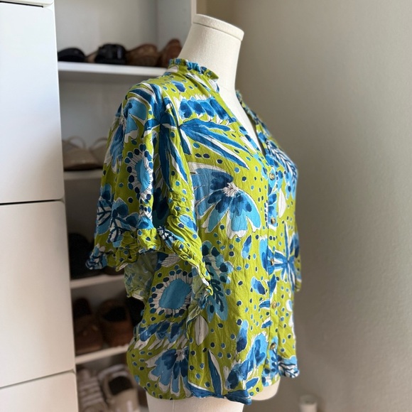 Anthropologie Green and Blue Vera Valley Flutter Short Sleeve Button Up Blouse - Picture 12 of 15